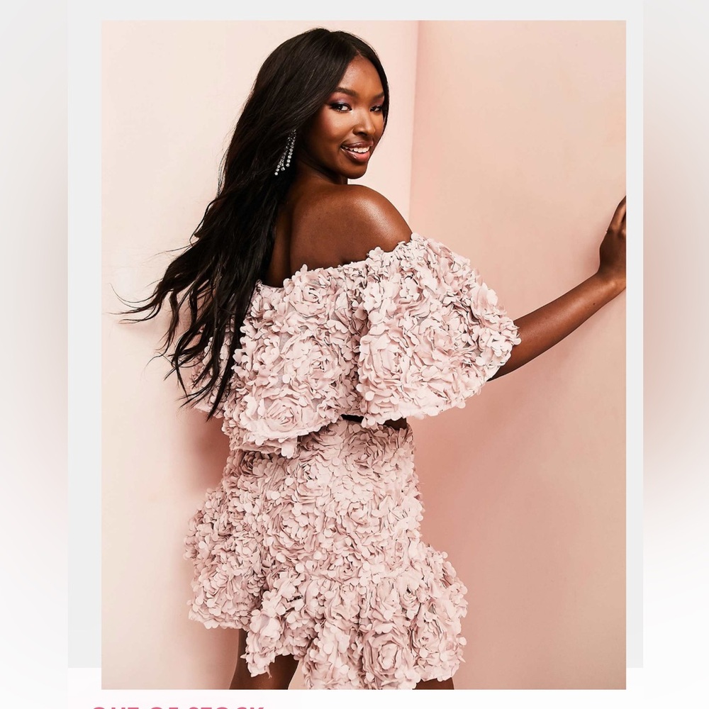 ASOS Luxe size 2 Floral Lace Bardot top skirt Set in Pink mauve - Picture 2 of 16